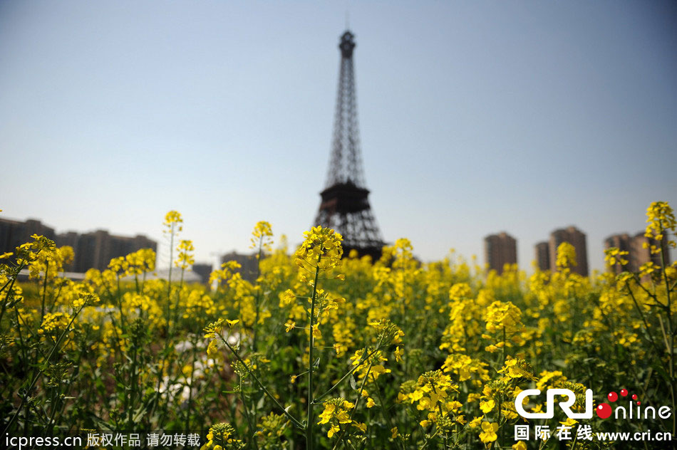 　2014年3月21日，杭州天都城，農(nóng)民在山寨埃菲爾鐵塔下耕作。圖片來(lái)源：東方IC
