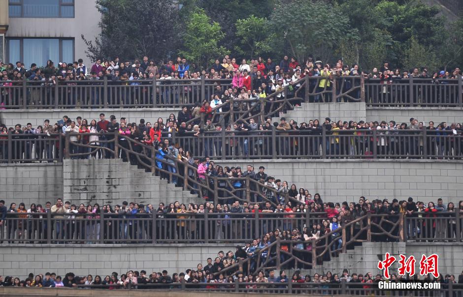 重慶上萬粉絲在南濱路等待《奔跑吧兄弟》節(jié)目的錄制。