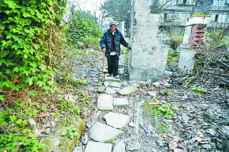 昨日，大渡口區(qū)，徐建高老人走在他鋪成的石子路上。 記者 張路橋 攝