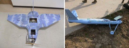 左圖為3月24日在韓國首爾北部墜毀的無人機，右圖為3月31日在韓國西部海域白翎島墜毀的無人機