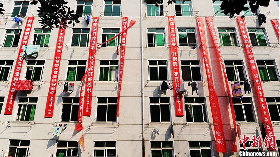 圖為男生宿舍掛起的二十多條橫幅。