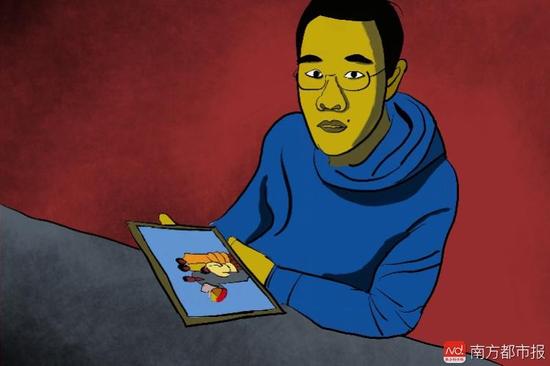 王煥凱看著一家人幸福的合照，黯然神傷，悔不當(dāng)初。（畫作者：吳斌）