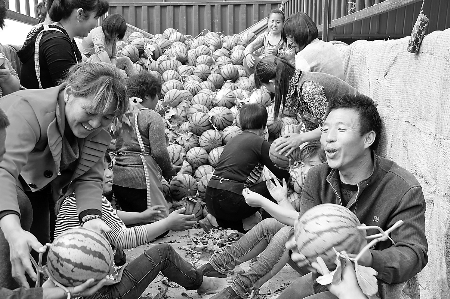 　眼下，內(nèi)黃縣東莊鎮(zhèn)種植的“無公害西瓜”豐收，市場緊俏。圖為5月6日，瓜農(nóng)準(zhǔn)備把外銷的西瓜裝車。劉肖