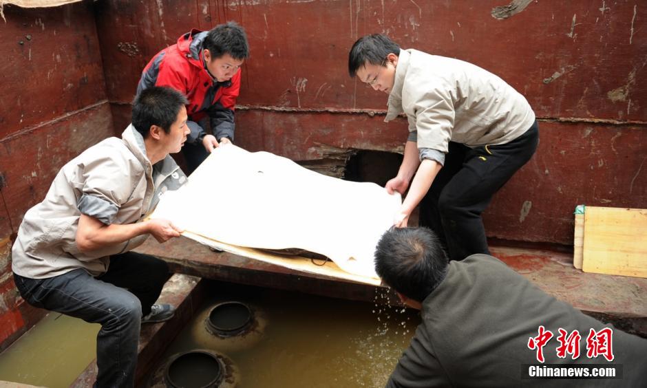 圖為考古現(xiàn)場工作人員小心翼翼將文物取出。