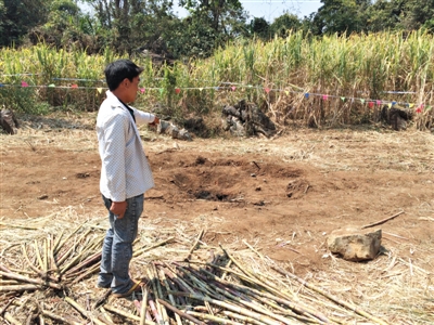 昨日，在大水桑樹村，村民向記者展示13日造成5死8傷的炸彈事件彈坑。