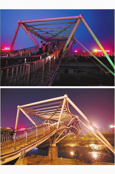 花園路西側東風渠景觀橋，上圖攝于7月31日晚間，下圖攝于10月9日晚間。