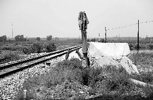 6月30日， 農(nóng)戶用搭建的窩棚和電線桿阻擋了鐵路的施工。新華社發(fā)