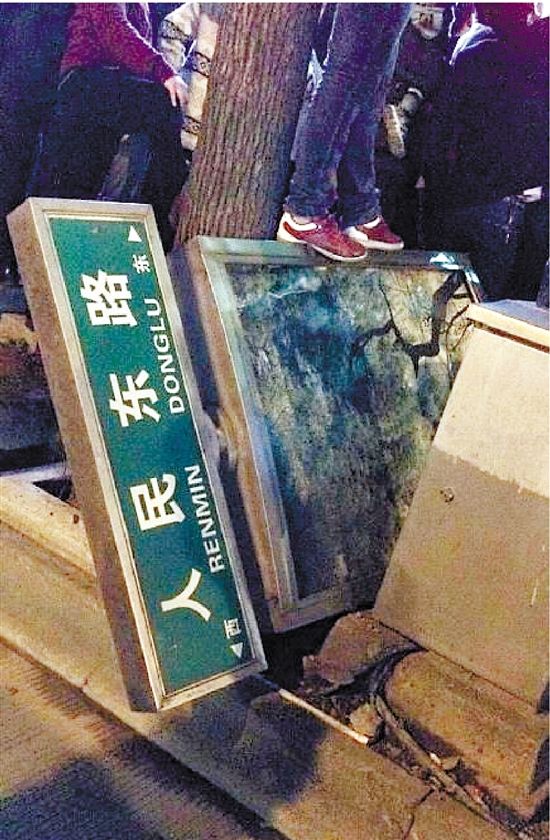 路牌都踩翻，還有人上了樹，城管不出手，也確實不大合適。