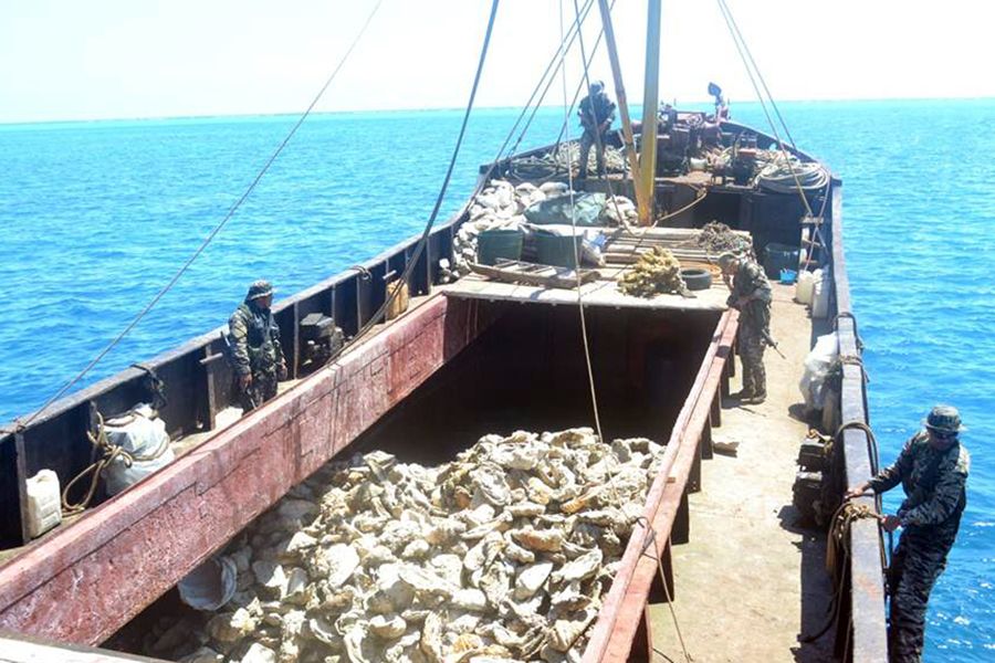 被檢查的中國(guó)漁船被菲方指控為非法捕魚(yú)。圖為菲律賓海軍持槍檢查中國(guó)漁民的照片。